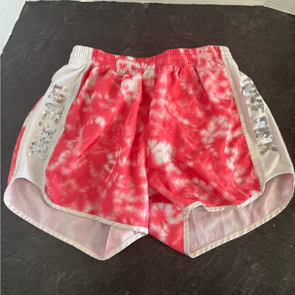 PINK Victoria's Secret pink tie dye running shorts sz XS lined sequins